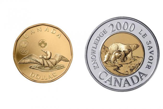 Kanados vieno dolerio moneta, žinoma kaip palaida, ir dviejų dolerių moneta, vadinama derinimu