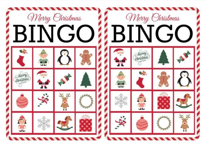 Deux cartes de bingo de Noël colorées.