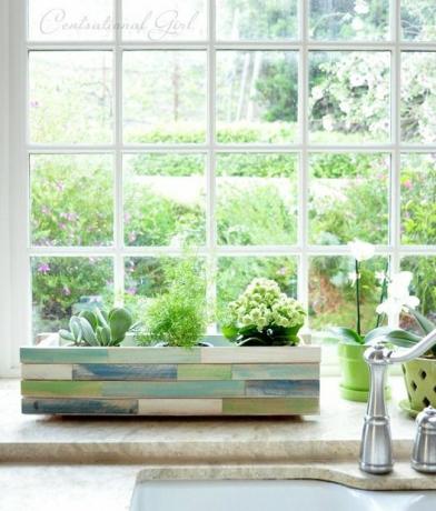 Fensterbox aus pastellfarbenem Holz