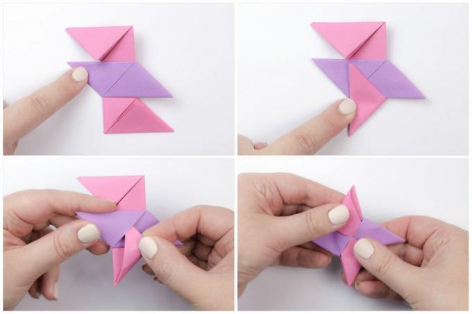 Sett papirene sammen for å danne origami ninja -stjernen.