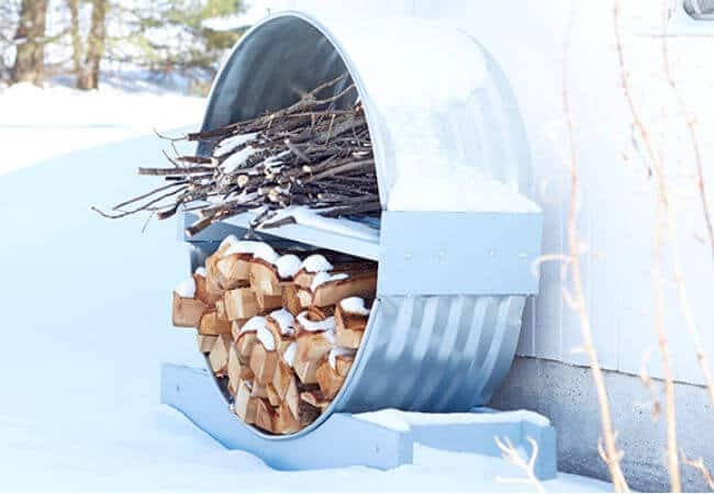 Support à tambour rond en étain pour organiser le bois de chauffage et le bois d'allumage