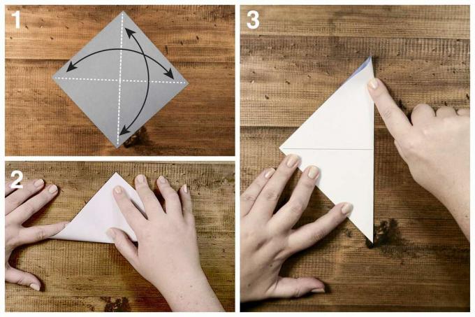 Ruudu voltimine origami purjeka jaoks kolmnurgaks.