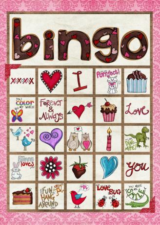 Sõbrapäeva bingo kaart pruuni, roosa ja kreemika värviga.