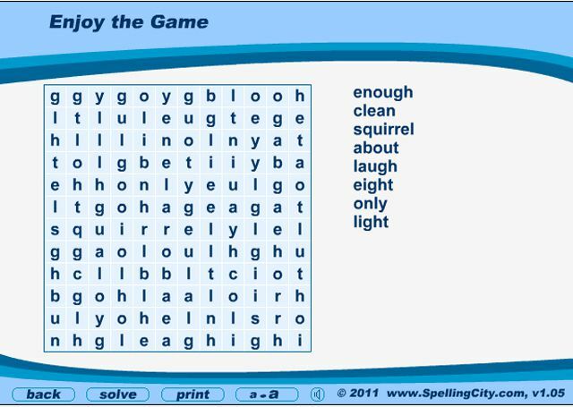 Snímek hry s hledáním slov ve Spelling City.