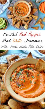 Pieczona czerwona papryka i hummus chilli z domowymi chipsami pitta - szybkie i proste w wykonaniu i idealna przekąska!