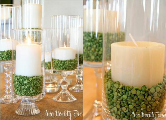 Diy white candle dan split pea candle holders