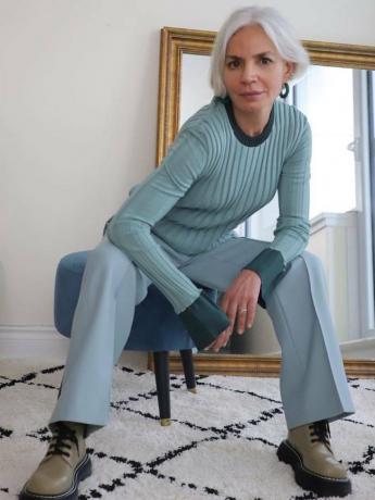 pastellfärgstrend: Grece Ghanem klädd i en blek blågrön topp och bleka byxor
