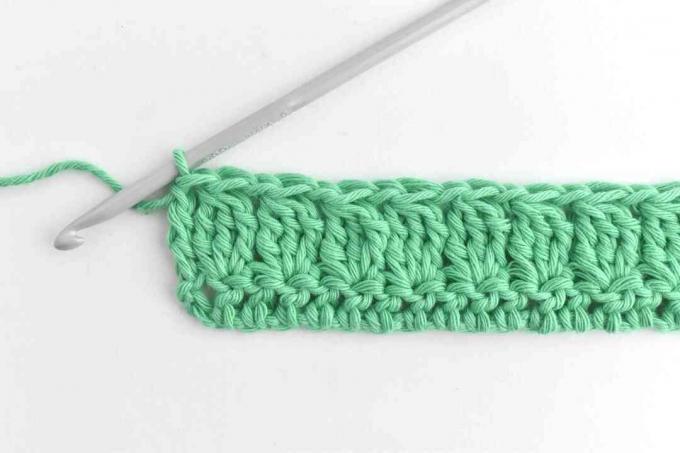 დაასრულეთ Treble Crochet Cluster Stitches Row of Treble Crochet Cluster Stitches
