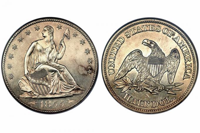 1855-S Proof Liberty istuv pool dollarit, mille NGC hindas PR-65