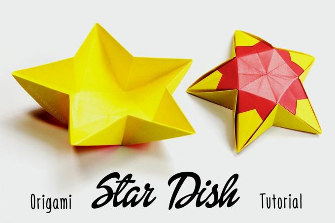 Hvězdná mísa ze žlutého origami s barevným potahem.