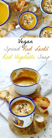 Soupe végétalienne de lentilles rouges et de légumes racines aux épices - un déjeuner sain, copieux et réchauffant qui est rapide, facile et économe à préparer!
