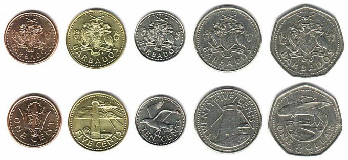 Monety te są obecnie w obiegu na Barbados jako pieniądze.