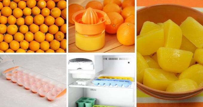 아이스 큐브 트레이에 오렌지 주스를 얼리십시오.
