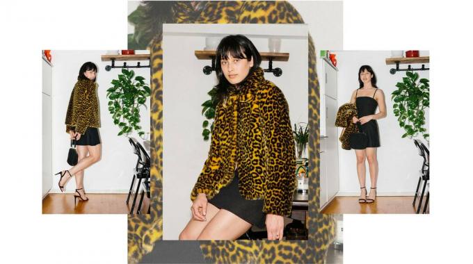Lydia Graham-Stil: trägt eine Jacke mit Leopardenmuster und ein schwarzes Kleid