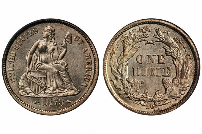 1873 -CC Liberty Sitting Dime - pilar vid datum