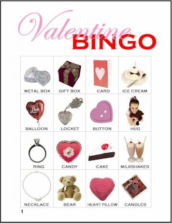 Valentine bingo, millel on igas ruudus esemete erinevad fotod.