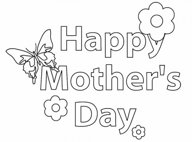 Фраза «С Днем матери» с бабочкой и цветами.