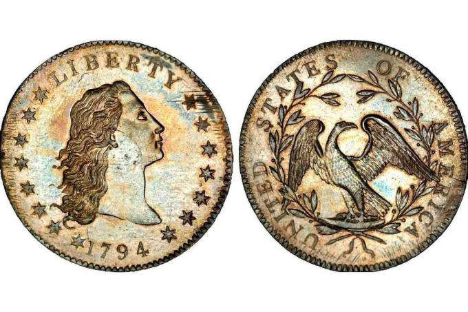 1794 tekantys plaukai sidabro doleris - brangiausios monetos pasaulyje