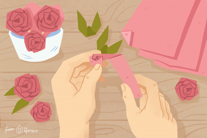 Illustratsioon origami roosi kokkupandavatest kätest