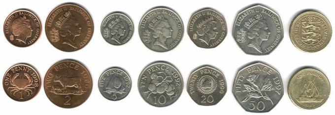 Tyto mince v současné době kolují na ostrově Guernsey jako peníze.