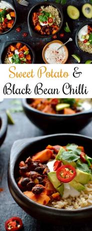 Sötpotatis och svartböna chili - en lätt, tröstande vegansk måltid för de kallare månaderna.