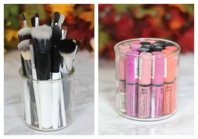 Opsi penyimpanan kuas makeup dari toples lilin tua