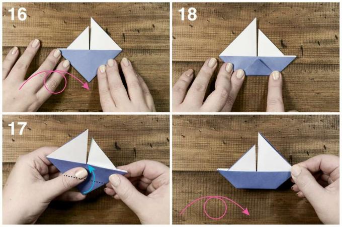 Îndoiți hârtia pentru a crea fundul bărcii cu pânze origami.