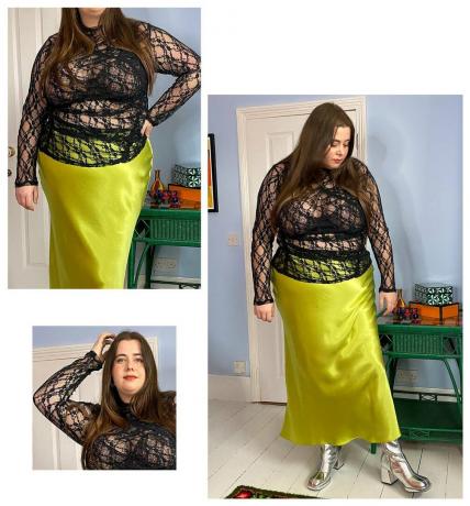 Przymierzyłam wiosenną kolekcję Topshop Curve 2023: Sara Brown ma na sobie wsuwaną spódnicę z koronkowym topem