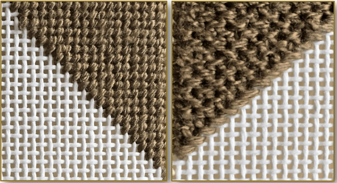 „Basketweave“ palapinės adatos adatos dygsnis priekyje (kairėje) atgal (dešinėje)
