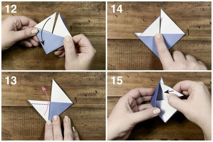 Vložení rohů pro vytvoření origami plachetnice.