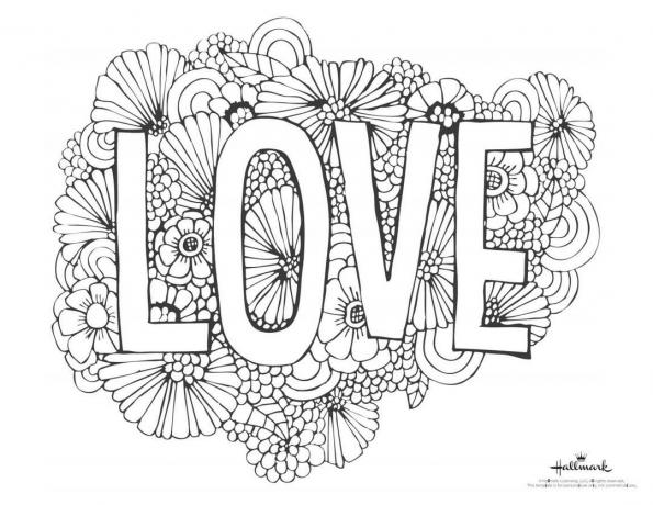 En Valentinsdag fargeside med ordet " Kjærlighet" og blomsterblomstring