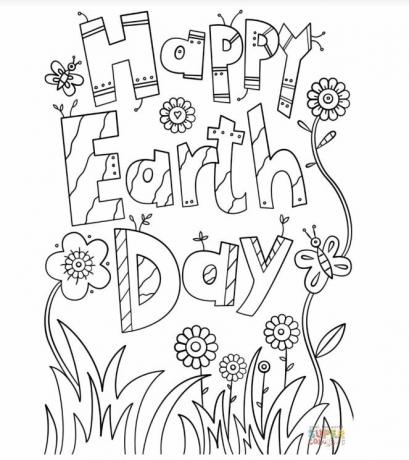 Раскраска с цветами и фразой «Happy Earth Day»
