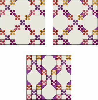 Bir Double Nine-Patch yorgan bloğunun yanında gösterilen üç boyutta Kartopu Blok uçları.