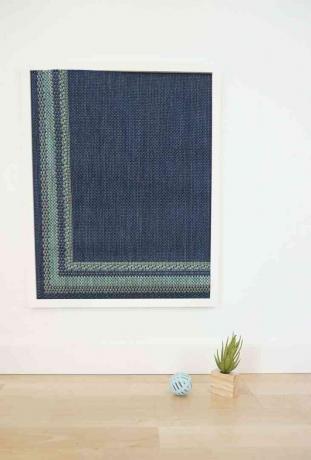 Et blått innrammet teppe med en liten plante- og katteleke.