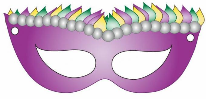 Tisknutelná maska ​​Mardi Gras v tradiční fialové, zelené a žluté barvě.