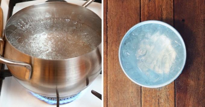 Ein Topf mit kochendem Wasser und eine Schüssel mit kaltem Eiswasser