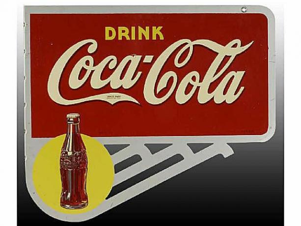 Ca. Sinal de flange de lata da Coca-Cola 1940 com suportes