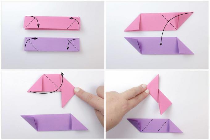 Rosa og lilla papirer blir brettet for origami -stjernen.