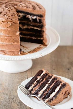 टोस्टेड मार्शमैलो फिलिंग और माल्टेड चॉकलेट फ्रॉस्टिंग के साथ सिक्स लेयर चॉकलेट केक
