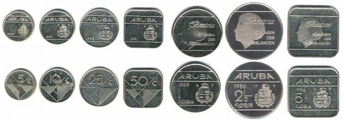 Tieto mince v súčasnosti kolujú na ostrove Aruba ako peniaze.