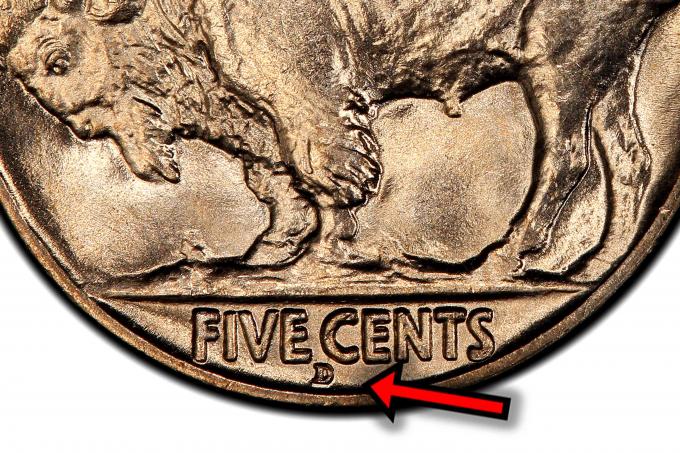Lage des Münzzeichens auf einem Büffel- oder Indianerkopfnickel.