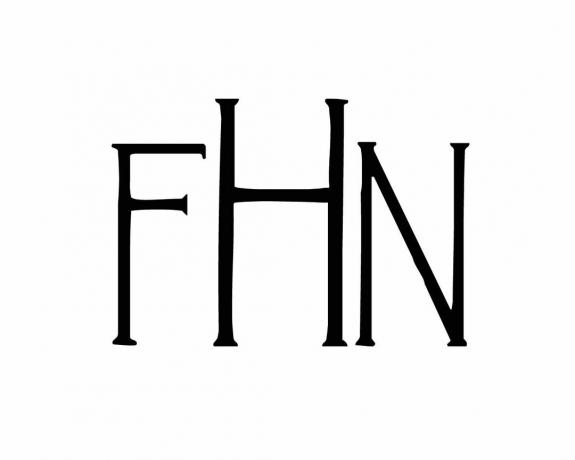 Monogram „FHN“ písmom Landsdowne.