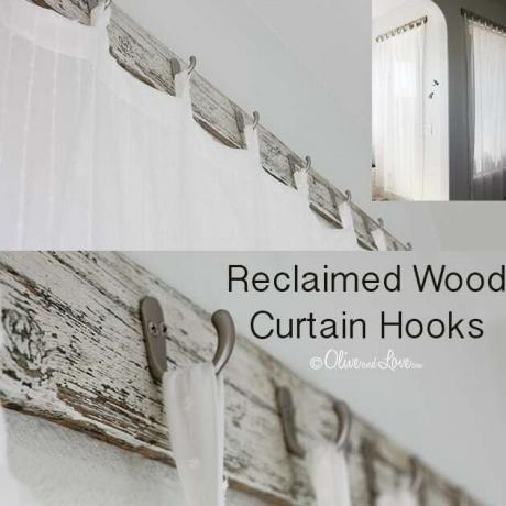 Pantalla de ventana de madera recuperada, percheros y cortina de ducha