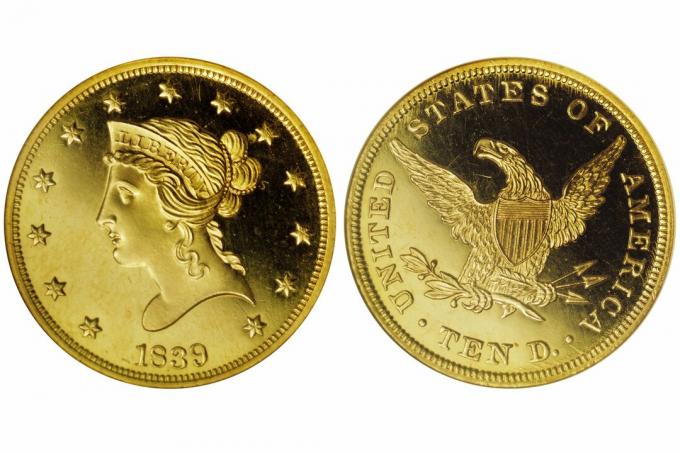1839/8 „Liberty Head“ įrodymas 10 USD auksinis erelis - didelės raidės