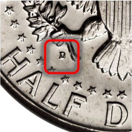 Locatie van het muntteken op een Kennedy Halve Dollar uit 1964