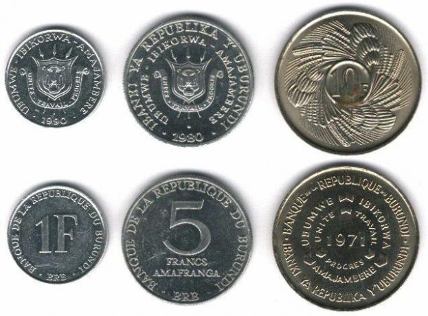 Monety te są obecnie w obiegu w Burundi jako pieniądze.