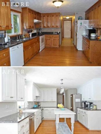 DIY balti krāsoti virtuves skapji un darba virsmas nomaiņa