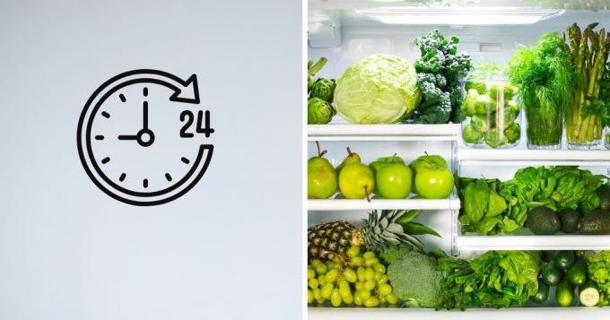 24시간 시계 옆에 있는 냉장고에 있는 녹색 과일과 야채