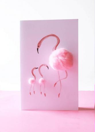 Flamingo fur pom poms karta